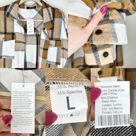 NWT Amazon Automet Plaid Flannel Button Down Fall Shirt Jacket Shacket Large - Picture 12 of 14